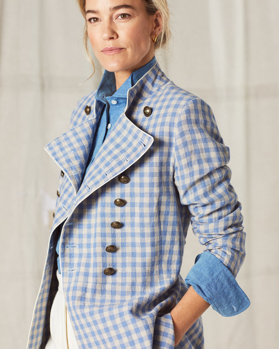 Military Jacket Blue Linen Check